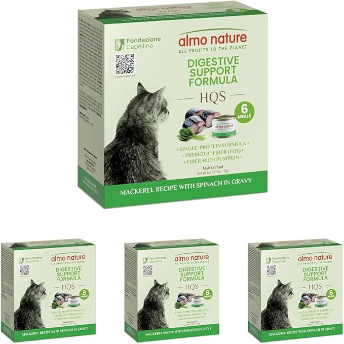 almo nature Supportive Formulas Digestive Support Formula HQS Flaked Mackerel & Spinach in Gravy Wet Cat Food, 1.77-oz can, case of 6 (Pack of 4)