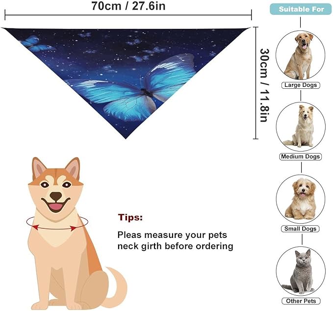 Dog Bandana Spring Pet Scarf Adjustable Triangle Blue Starry Butterfly Printing Dog Bib Washable Polyester Puppy Bandana for Small Medium Large Dogs Cat Birthday Party Supplies