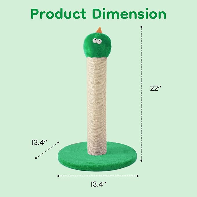 22'' Cat Scratching Post, Cat Scratchers Tree Tower for Indoor Kitty with Extra Wide 13.4" Stable Base, Scratching Post with Natural Sisal & Velvet Fabric for Small, Medium Cat, Green