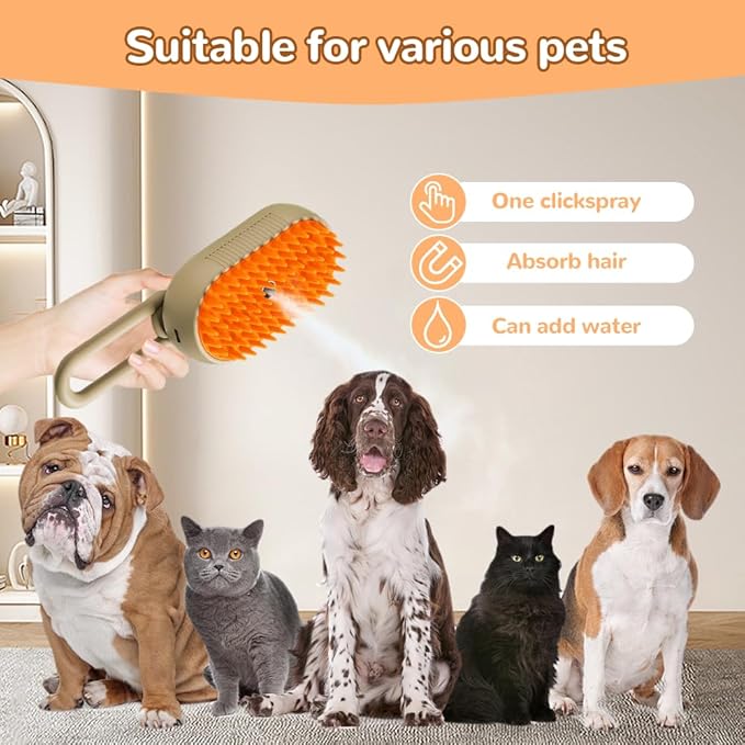 Cat Steam Brush, Ultimate Pet Steam Groomer Comb, Pet Hair Steamy Brushes for Massaging and Cleaning Shedding Pets, Multifunctional Hair Removal Comb for Cat and Dog (Khaki & White+Pet Care Serum)