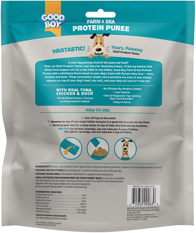 Good Boy Farm & Sea Protein Purees Dog Food Mixers for All Adult Dogs, 30 Count, Easy Single-Serve Triple Flavor Topper Treats with Tuna, Chicken and Duck