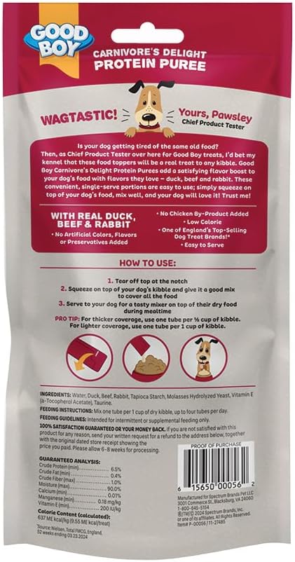 Good Boy Carnivore’s Delight Protein Purees Dog Food Mixers for All Adult Dogs, 10 Count, Easy Single-Serve Triple Flavor Topper Treats with Duck, Beef and Rabbit