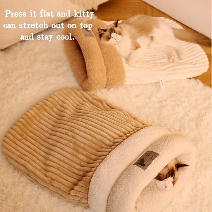 Cat Sleeping Bag, Cats Winter Sleeping Bag for Indoor Cats Cozy Plush Cat Cave Bed, Self-Warming Pet Snuggle Sack for Kitten Puppy Small Dogs (B-Beige 2pcs, M-17"x14.5")