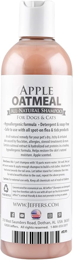 Jeffers Pet Apple Oatmeal Natural Shampoo for Dogs Cats Puppies Kittens, 17 Oz – Tearless Hypoallergenic Oat Based Grooming Shampoo for Sensitive Skin, Coat Hydration, Shine, Soap & Detergent Free