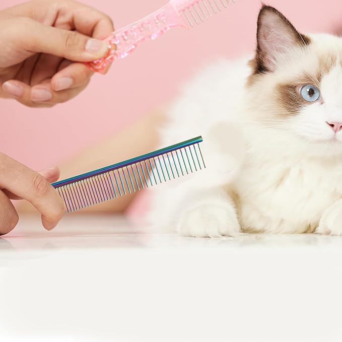 NUOBESTY 2pcs Pet Grooming Hair Comb Stainless Steel Needle Comb for Dogs and Cats Professional Shedding Detangling Tool with Rounded Ends for Home Use