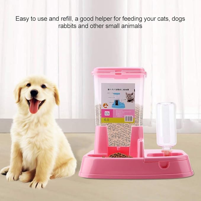 Pet Feeder and Water Dispensers Set, Automatic Pet Feeder Detachable Food Dispenser Water Bottle Cats Dogs Feeding Tool, Dog Cat Bowls Puppy Feeder and Pet Dish for Small Dog(Pink)
