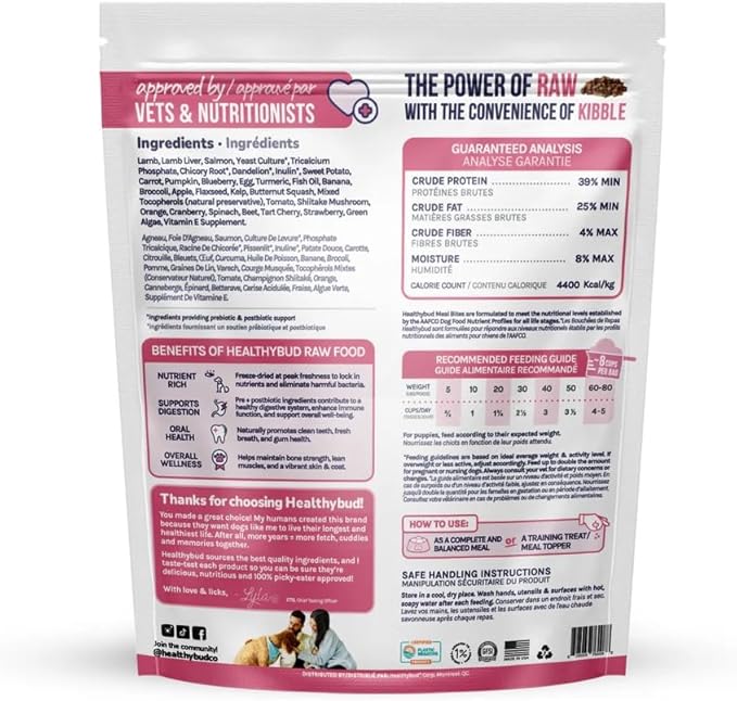 healthybud Raw Dog Food Freeze Dried Bites, Grain Free Dehydrated Small Chewy Bites, Dry Dog Treats & Toppers, Human Grade High Protein Puppy Food for All Breeds and Sizes, 14.1 oz (Lamb and Salmon)
