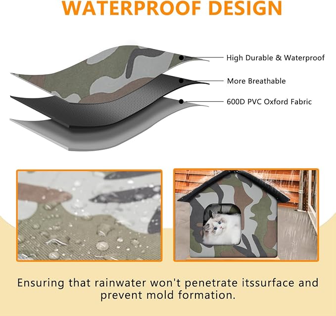 Cat House for Outdoor Cats, Weatherproof Feral Cat House with Mat and Doors, Easy to Put Together, Collapsible Warm Pet Nest Kitty Shelter for Winter, Never Blow Away