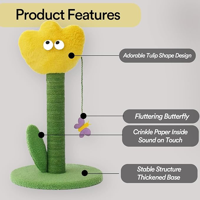 ZEZE Tulip Cat Scratching Post – Flower-Themed Cat Tree for Kittens & Adult Cats, Durable Sisal Rope Tower, Decorative Pet Furniture, Cute Home Design, Furniture Protection (Yellow)