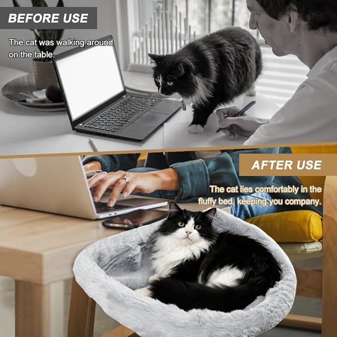 Cat Desk Bed for Remote Workers, 90° Foldable Washable Plush Cover Desk Perch Clamp, Sturdy Desktop Suspended Cat's Bed for Gaming Desks, Home Office, Maximum Hold Up to 40lb, Space-Saving