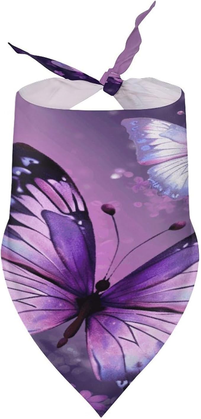 Dog Bandana Spring Pet Scarf Adjustable Triangle Beautiful Purple Butterfly Art Printing Dog Bib Washable Polyester Puppy Bandana for Small Medium Large Dogs Cat Birthday Party Supplies