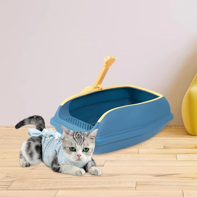 Cat Litter Box Open Top High Sided Anti Splashing Litter Tray with Scoop for Indoor Cats Kittens (2 Sizes)- L Blue