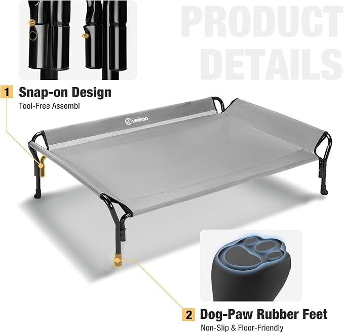 Veehoo Cooling Elevated Dog Bed, Raised Pet Cot with Guardrail & Slope Headrest, Durable Breathable Teslin Mesh, Non-Slip Feet, Washable Dog Couch Bed for Indoor & Outdoor, Large 47" x 32", Gray