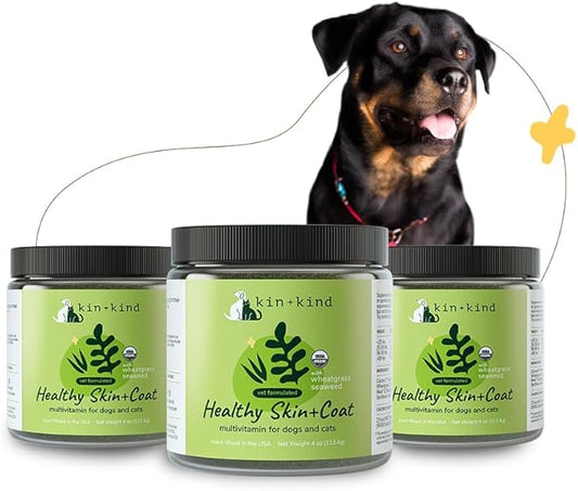 kin+kind Skin and Coat Supplement for Dogs & Cats – Natural Vitamin Supplements with Organic Ingredients for Shiny Fur, Moisturized Skin & Overall Pet Wellness – Dog Essentials & Cat Essentials 3x4 oz