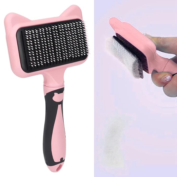 Cat Grooming Brush, Ergonomic Cat Brushes with 140 Degree Curved Teeth, Self Cleaning Slicker Brushes with Non Slip Handle and Resin Protection Point (Pink)