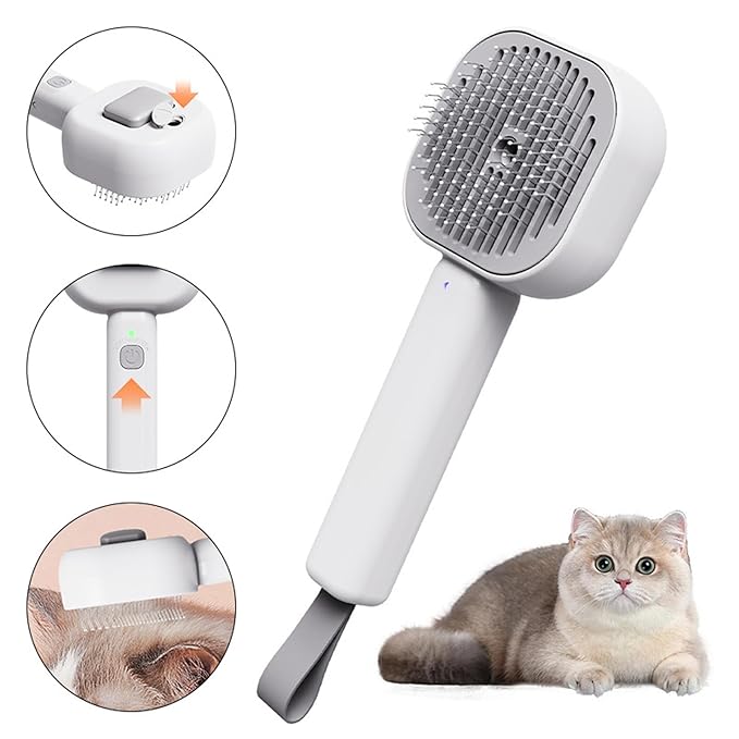 3-in-1 Cat Steam Brush – Self-Cleaning Pet Spray Grooming Comb for Cats & Dogs, USB Rechargeable, Shedding, Massaging & Hair Removal with Cool Mist (Gray)