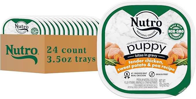 Nutro Puppy Grain Free Dog Food, Natural Wet Dog Food Bites in Gravy Tender Chicken, Sweet Pea & Carrot Recipe, 3.5 oz. Trays (24 Count, Pack of 1)