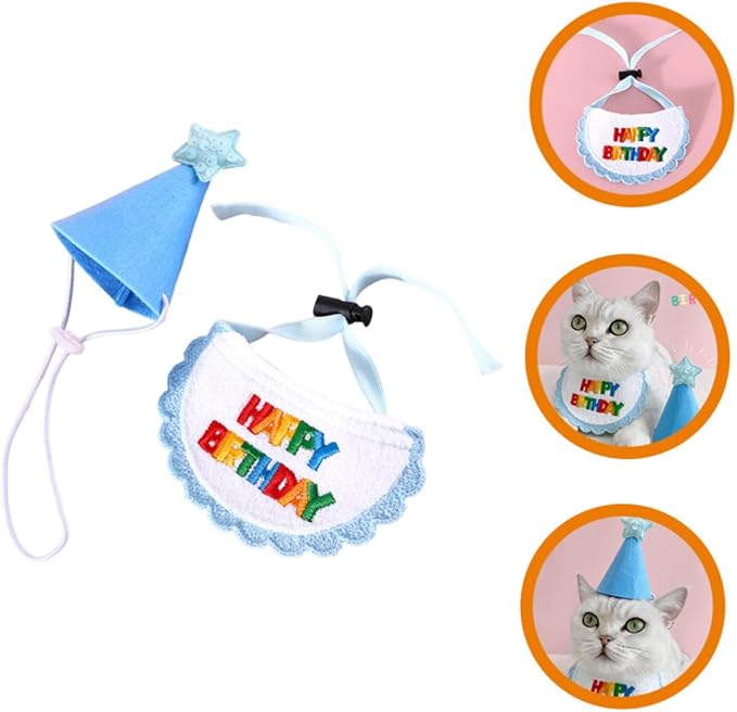 BESTYASH Dog Birthday Bandana and Wear-Resistant Embroidered Bib with Blue Star Hat Set for Pet Party Supplies, Adjustable Dog and Cat Costume Accessory