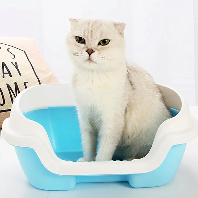 Cat Litter Cat Litter Box Semi Enclosed Cleaning Bath Basin Plastic Toilet with Scoop Portable Open Box for Dogs Small Pets (Blue)