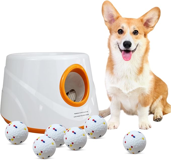 Automatic Ball Launcher for Dogs with 6pcs 2.3 Inch Etpu Tennis Balls,Thrower Distance 20-45ft,interacive Dog Toys for Indoor/Outdoor for Small Or Medium Dogs (Orange)