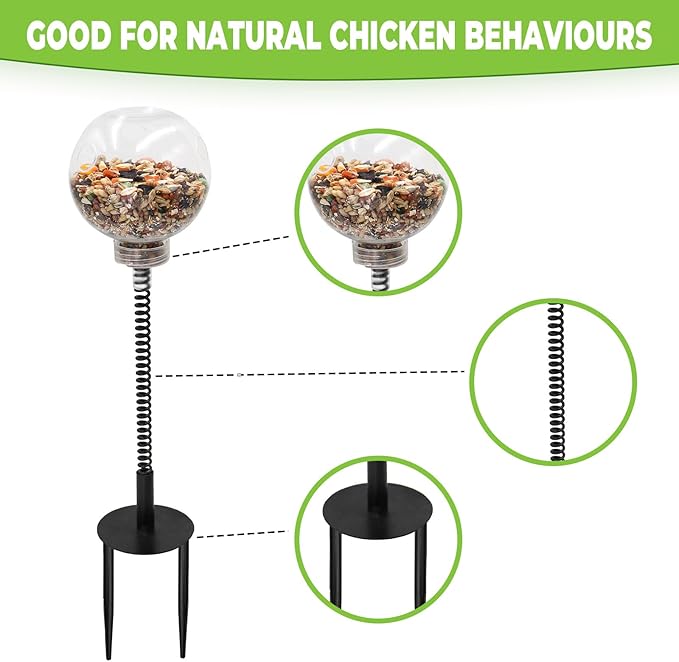 Chicken Enrichment Toys with Spring and Ground Stake, 2 Peck Treat Dispenser, Chicken Feeder for Coop, Coop Accessories for Hens, Geese, Ducks, Turkeys, Other Poultry