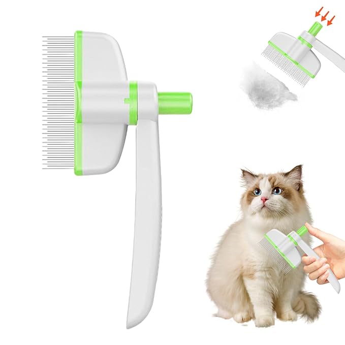 Pet Hair Removal Comb, 2025 Upgraded One Click Self Cleaning Grooming Brush, Cat Brush Comb with Non slip Handle for Short & Long Hair, Pet Grooming Supplies for Cats & Dogs Massaging (green+yellow)