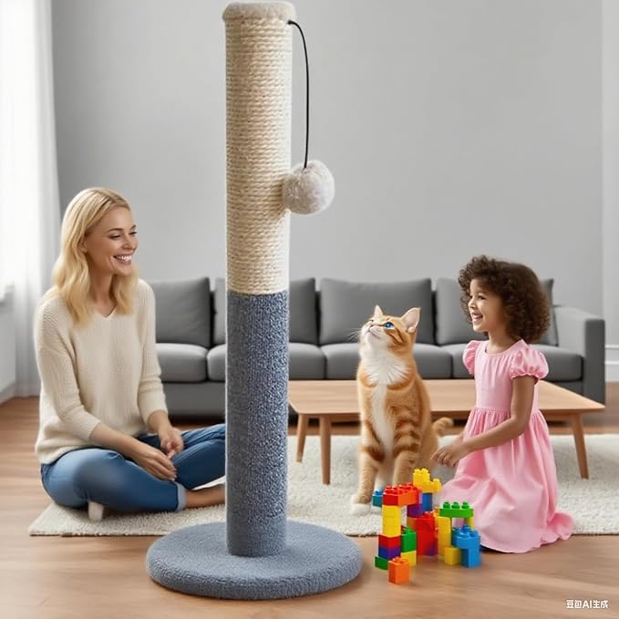Barelove Cat Scratching Post Tower, Tall Cat Scratch Post, Natural Sisal Rope Scratcher Posts Refill for Indoor Cats, Carpet Cat Scratching Post with Replaceable Toys, Sturdy Base (Grey)