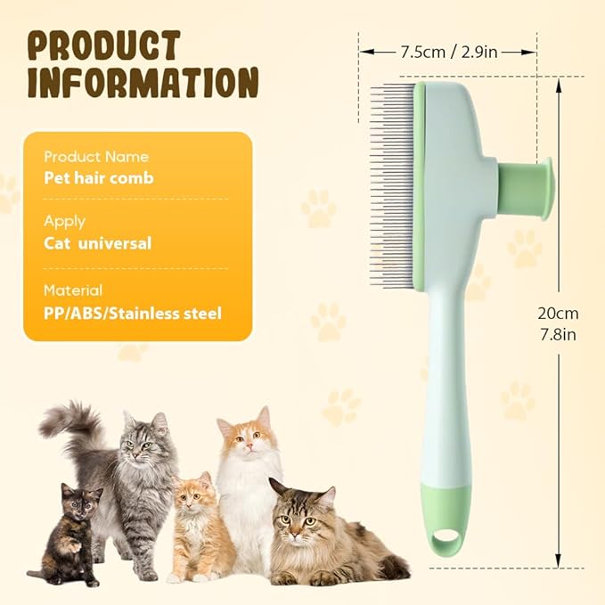 Flea Comb for Cats & Dogs, 2025 New Pet Hair Removal Comb with Release Button, Pet Grooming Brush Cat Dog Combs, Self-Cleaning Cat Brush for Short and Long Hair Cats (Green)