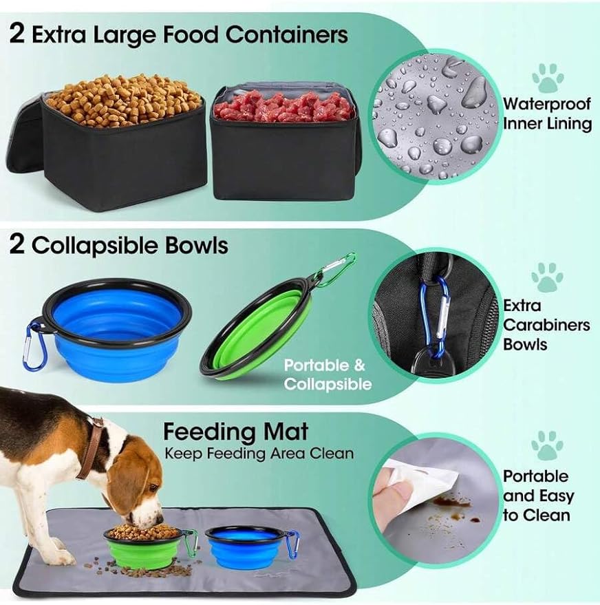 Premium Large Dog Travel Bag Weekend Pet Supplies Organizer Kit with 2 Extra Large Food Containers 2 Collapsible Bowls 1 Feeding Mat Multi Pocket (Black)