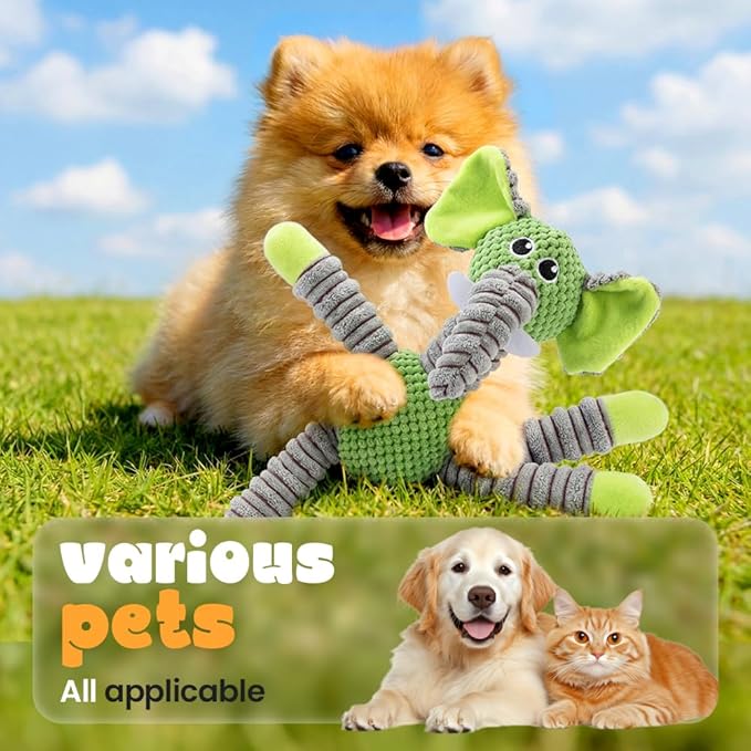 Plush Dog Squeaky Toy, Durable Pineapple Velvet Chew Toy for Aggressive Chewers Large Medium Small Dogs Interactive Training Teeth Cleaning Stuffed Animal Puppy Relief Boredom (Green Elephant)