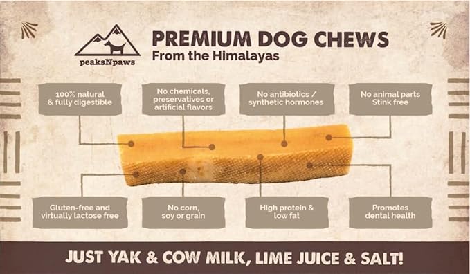 peaksNpaws Himalayan Yak Chews, High Protein Dog Treat for Aggressive Chewers, Natural, Long Lasting, Lactose Free Chew Stick for Pet Under 35 lbs, 3 Medium Treats, 100% Eco-Friendly Packaging