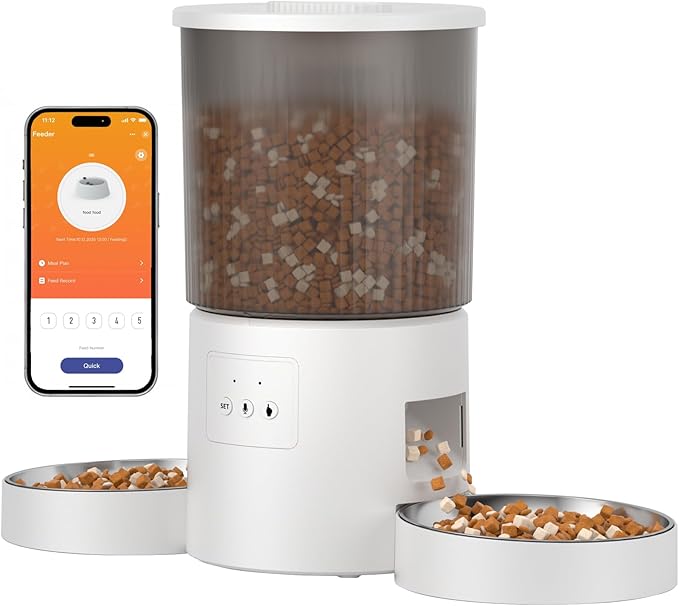 Automatic Cat Feeder, 2.4GHz WiFi Automatic Dog Food Dispenser, Fresh Protection, 4L Timer Feeder, Personalized Recording 10 Seconds, Easy to Clean, Stainless Steel Bowl (Double/White)