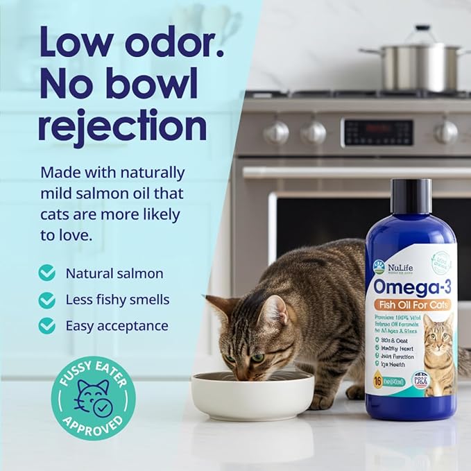 Premium Omega 3 Fish Oil for Cats - Wild Alaskan Salmon Oil Supplement for Skin and Coat - Liquid Cat Supplement for Shedding Control & Cat Dandruff - 16oz