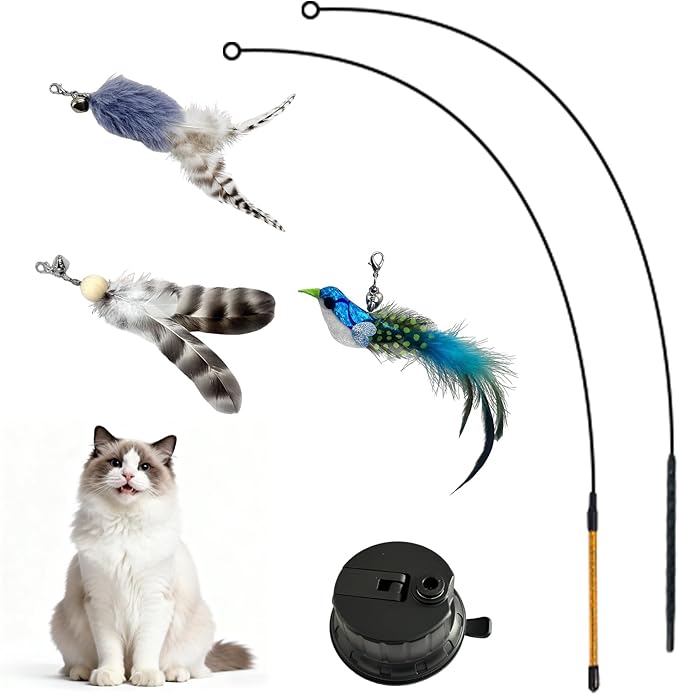 Interactive cat Feather Toy, Fishing Rod Feather Toy, Replaces Simulated Bird Feathers, Reinforced Suction Cup, Suitable for Indoor use.