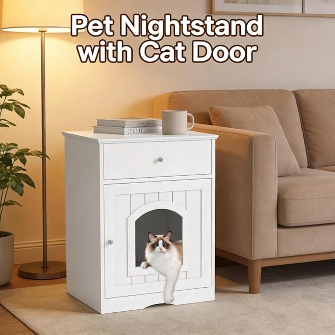 Wooden Pet House Cat Litter Box Enclosure with Drawer, Side Table, Indoor Pet Crate, Cat Home Nightstand (White)