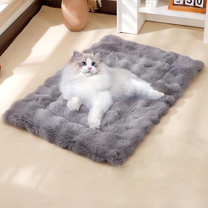 Cat Bed Mat Dog Crate Pads, Cat Beds for Indoor Cats Small Dogs, Plush Pet Bed Mats Faux Fur Dog Crate Mat with Removable Pillow for Cages/Floor/Couch (Grey,M-15.7 * 23.6 in)