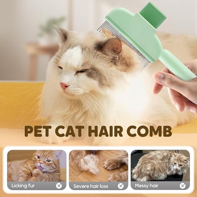 Self Cleaning Pet Hair Removal Comb, Pet Comb with Long Short Stainless Steel Metal Teeth, Cat Grooming Brush, Pet Grooming Supplies for Cat, dog (Green)
