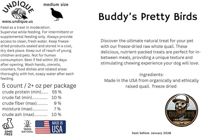 Undique Whole Quail for Carnivore Pets - Natural Prey Feeding - Quality Protein Source Medium Size Chicks 5 Count