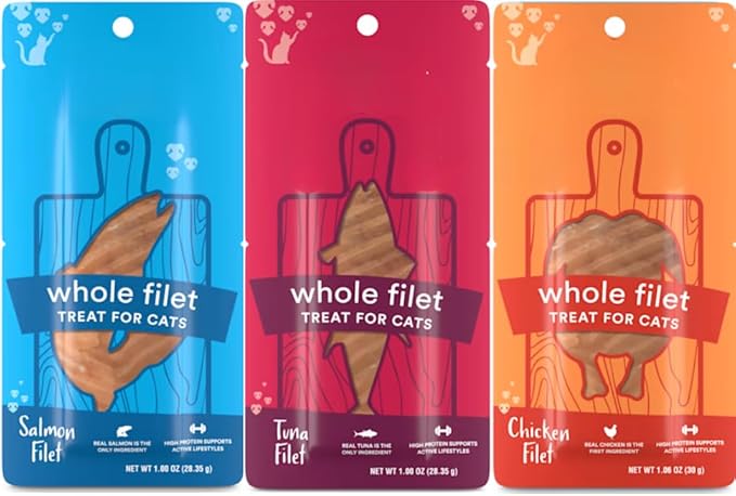 Cat Filet Treats Variety Pack - Chicken Tuna Salmon 3 Flavors - Soft High Protein Single Ingredient All Natural Cat Treats - Grain Free Healthy Cat Snacks Food Topper for Picky Eaters - 3oz (3x1oz)