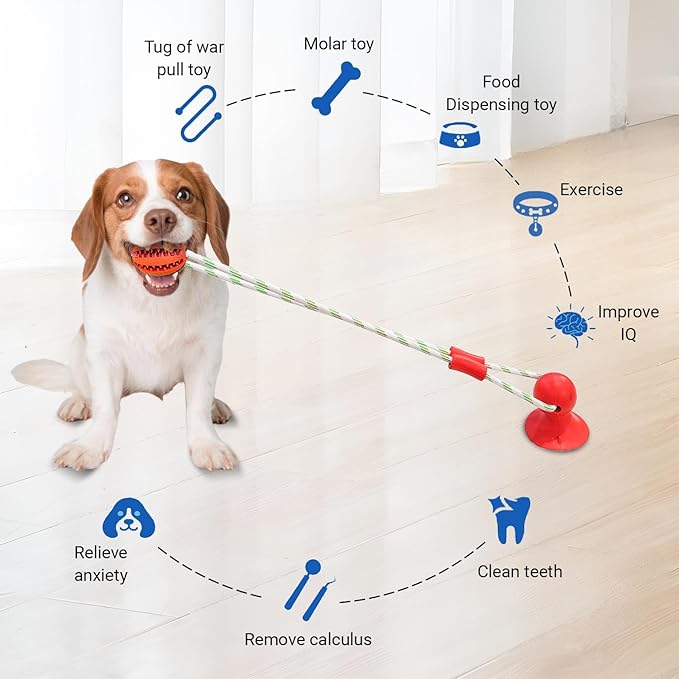 Dog Chew Toys for Aggressive Chewers, Tug of War Suction Cup, Pull Ball with Suction Cup, Suitable for All Breeds, Puppy Chew Toys for Teething, Indestructible Dog Treat Food Dispensing Ball (Red)