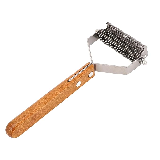 Focket Cat Grooming Brush, Stainless Steel Double Sided Pet Grooming Rake Ergonomic Anti Slip Wood Handle Pet Hair Removal Tool for Cats and Dogs (Large Size (24x18.5cm / 9.4x7.3in))
