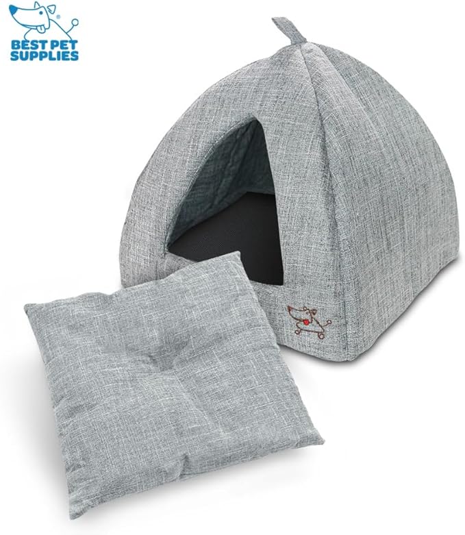 Best Pet Supplies Dog House Bed Crate Mat Tent Indoor Round Soft Plush for Small, Medium, and Large Breeds - Gray Linen, 19 x 19 x H:19"