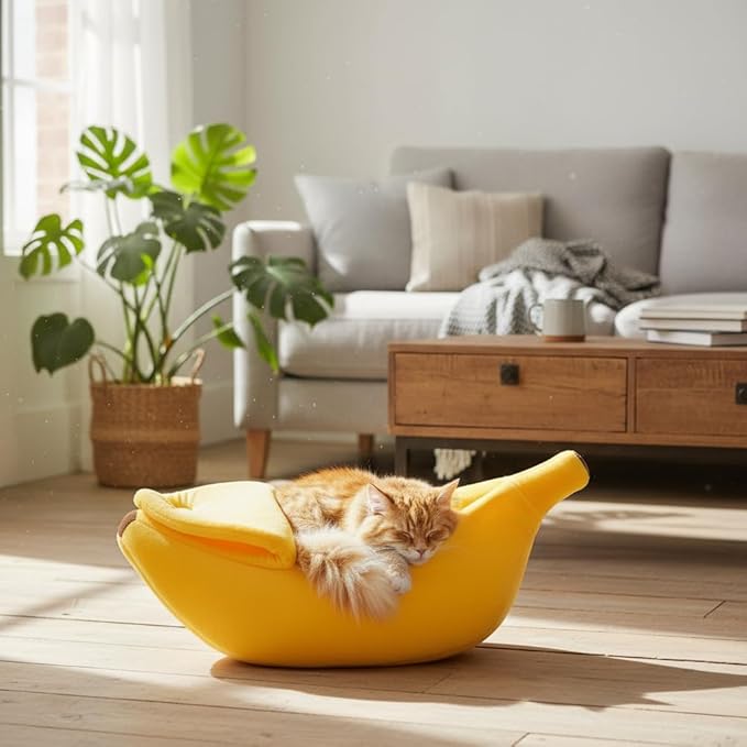 Banana Cat Bed for Kittens & Small Dogs – Funny Cute Yellow Plush Pet Cave, Cozy Indoor Hideaway for Puppies, Rabbits, and Small Pets