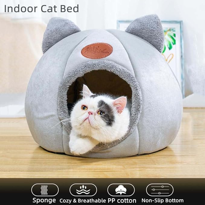 Cat Beds for Indoor Cats, Cozy Cat Cave Bed Dog House Cats Tent with Removable Cushion Pillow, Soft Warm Pet House Puppy Bed, Cute Pet Nest for Kitten Small Dog (Gray, L-14.2x14.2x14.2 Inches)