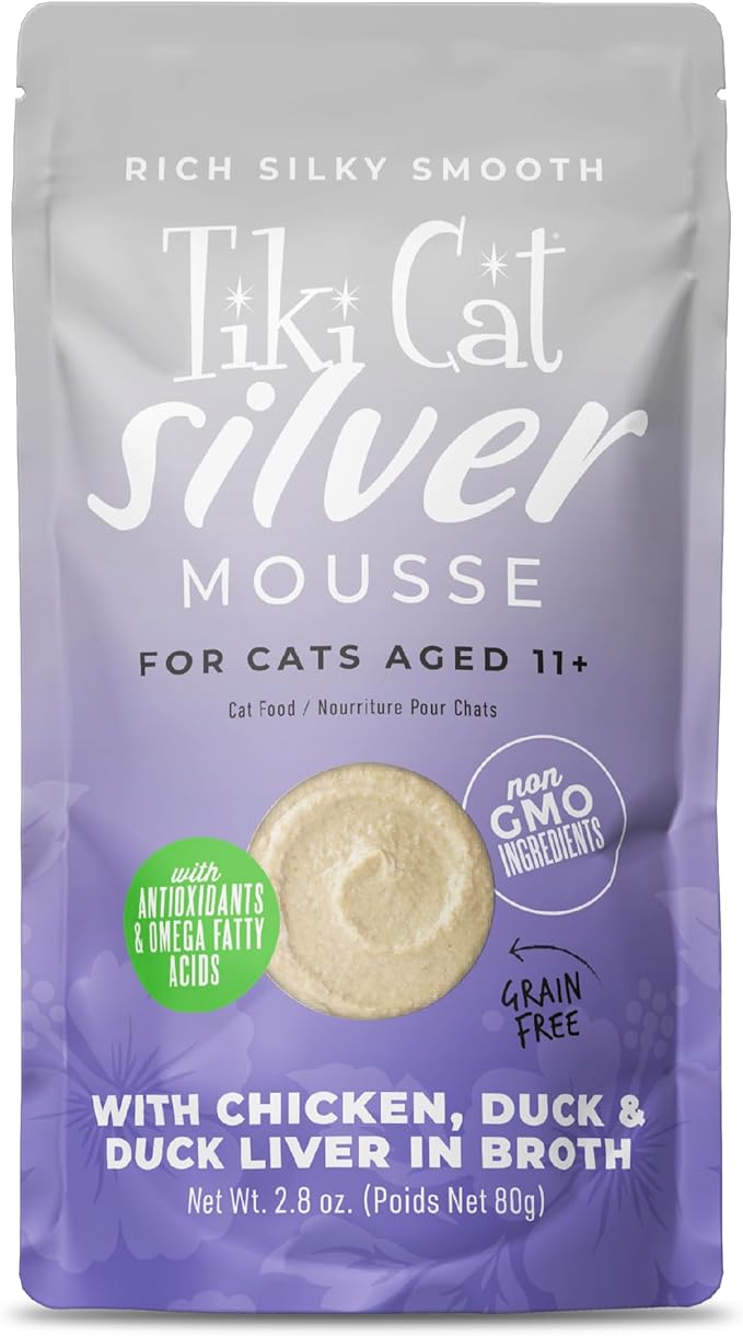 Tiki Cat Silver Mousse Wet Cat Food, Chicken, Duck & Duck Liver in Broth, 2.8 oz. Pouch (12 Count)