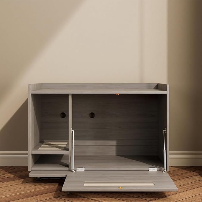 32.7" Gray Cat Litter Box Enclosure, Hidden Litter Box Furniture with Top Side Fence, Indoor Side End Table/Storage Cabinet for Large Cats