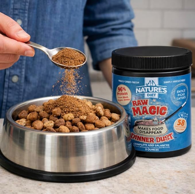 Freeze-Dried Raw Magic Dinner Dust - Premium Dog and Cat Food Topper with 96% Protein from Raw Meat, Liver, Bone Broth, Fruits and Vegetables - Irresistable - Perfect for Picky Eaters - 8oz (Fish)