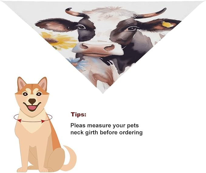 Dog Bandana Spring Pet Scarf Adjustable Triangle Watercolor Cow and Daisy Flower Printing Dog Bib Washable Polyester Puppy Bandana for Small Medium Large Dogs Cat Birthday Party Supplies