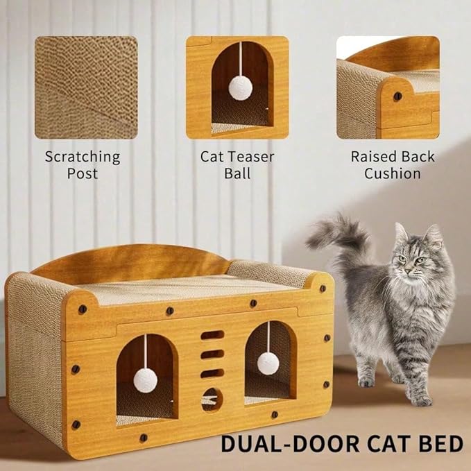 Multi-Function Cat Scratcher House Box,3-in-1 Scratch Pad and Soft Bed & Play Cave with Toys, Durable Build & Ideal for Cats/Kitty (Yellow,MD-DOOR1)