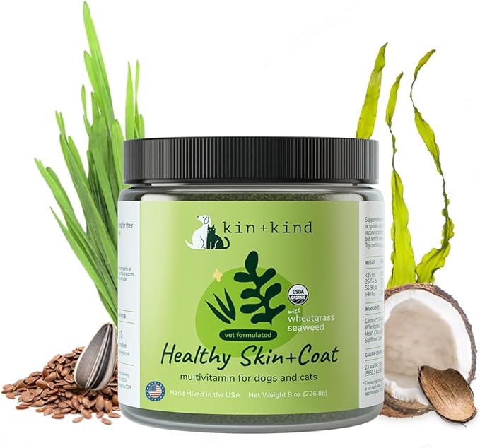 kin+kind Skin and Coat Supplement for Dogs & Cats – Natural Vitamin Supplements with Organic Ingredients for Shiny Fur, Moisturized Skin & Overall Pet Wellness – Dog Essentials & Cat Essentials – 8oz